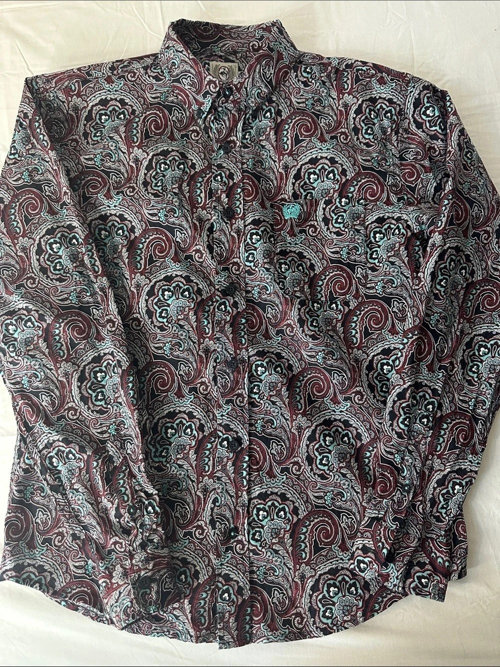 Cinch Boys Black and Turquoise Paisley Print Long Sleeve Button-Down Western